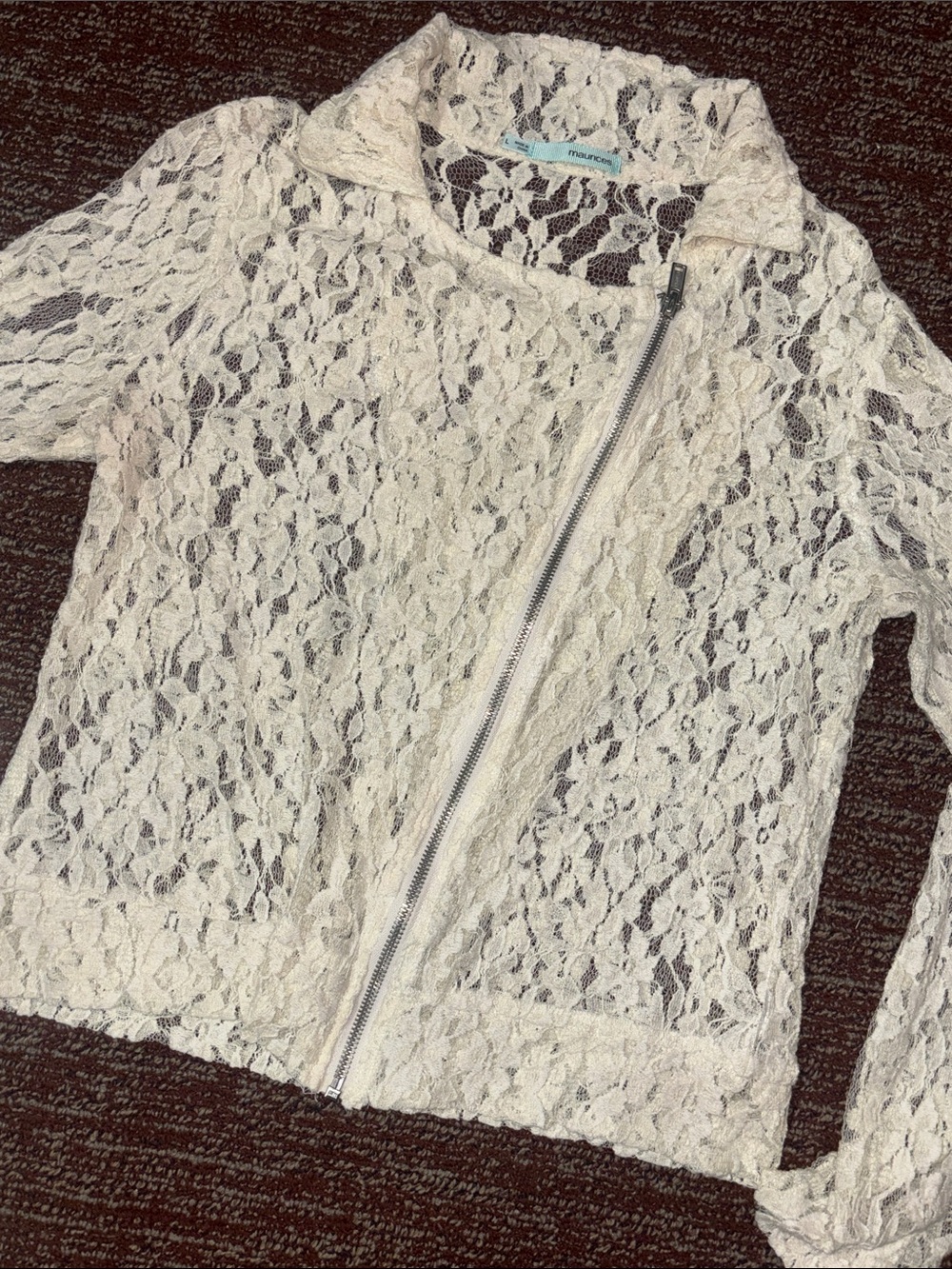 Cream lace moto jacket asymmetrical zipper collared long sleeve dainty jacket‎ L